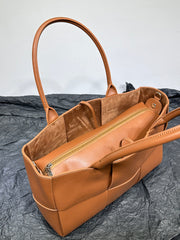 Quilted Large Leather Tote Bag, Minimalist Top Handle Bag, Elegant Convertible Shoulder Bag, Classic Style Soft Leather Work Bag