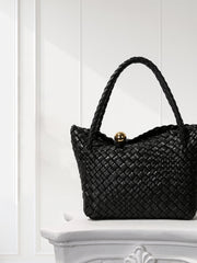 Luxury Handwoven Lambskin Leather Shoulder Bucket Bag with Sculptural Gold Sphere Closure and Double Handle Design – Spacious & Versatile Carryall