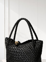 Luxury Handwoven Lambskin Leather Shoulder Bucket Bag with Sculptural Gold Sphere Closure and Double Handle Design – Spacious & Versatile Carryall