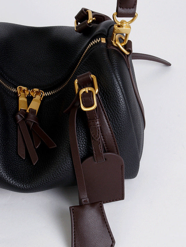 Full Grain Leather Pillow Boston Bag – Pebbled Cowhide & Suede Shoulder Bag | Gold Hardware, Top Handle & Crossbody Strap