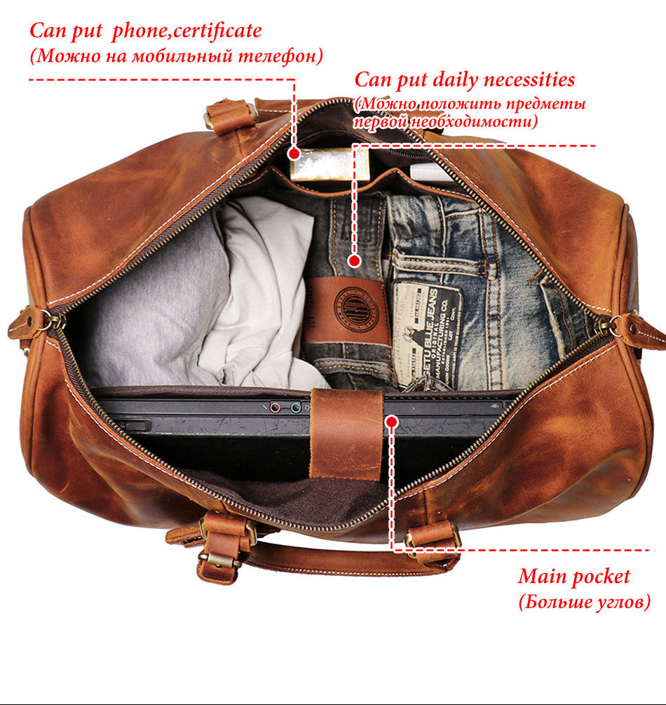 Handmade Full Grain Leather Duffle Bag – Vegetable-Tanned Cowhide Holdall | Brass Hardware, YKK Zippers & Padded Shoulder Strap