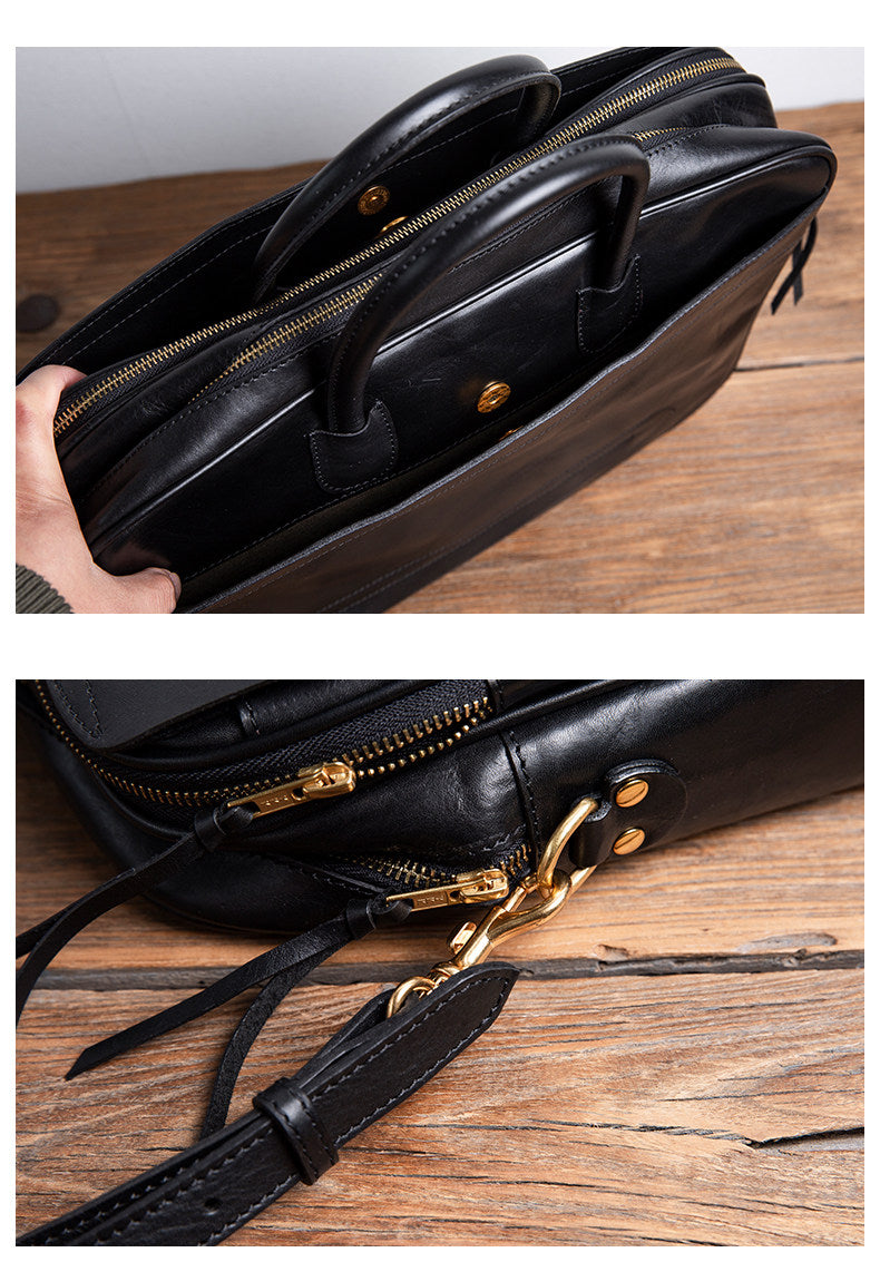 Men's Full Grain Leather Briefcase | Handmade Vintage Vegetable-Tanned Business Laptop Bag with trolley sleeve