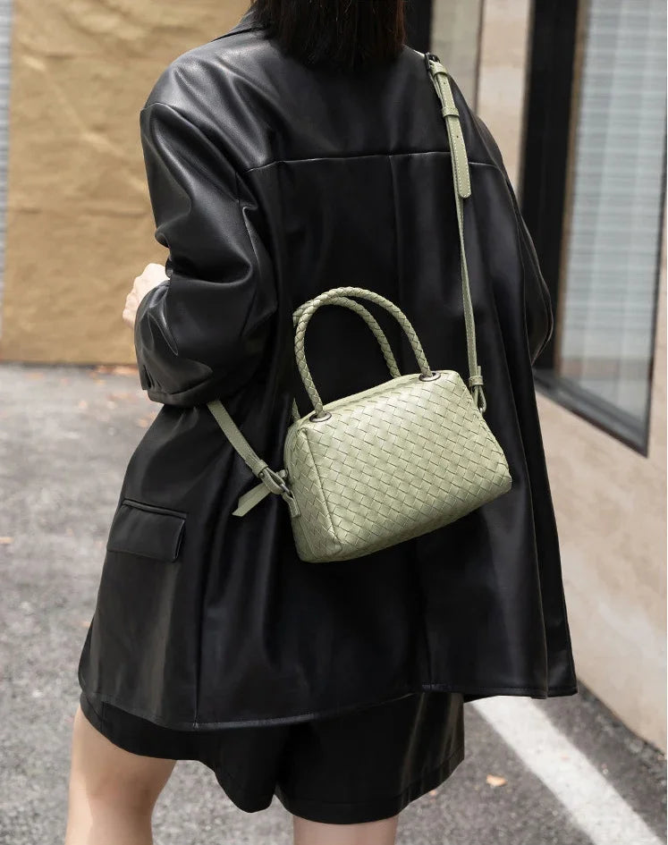 Luxury Women's Lambskin Woven Boston Crossbody Bag | Handcrafted Versatile Shoulder Bag