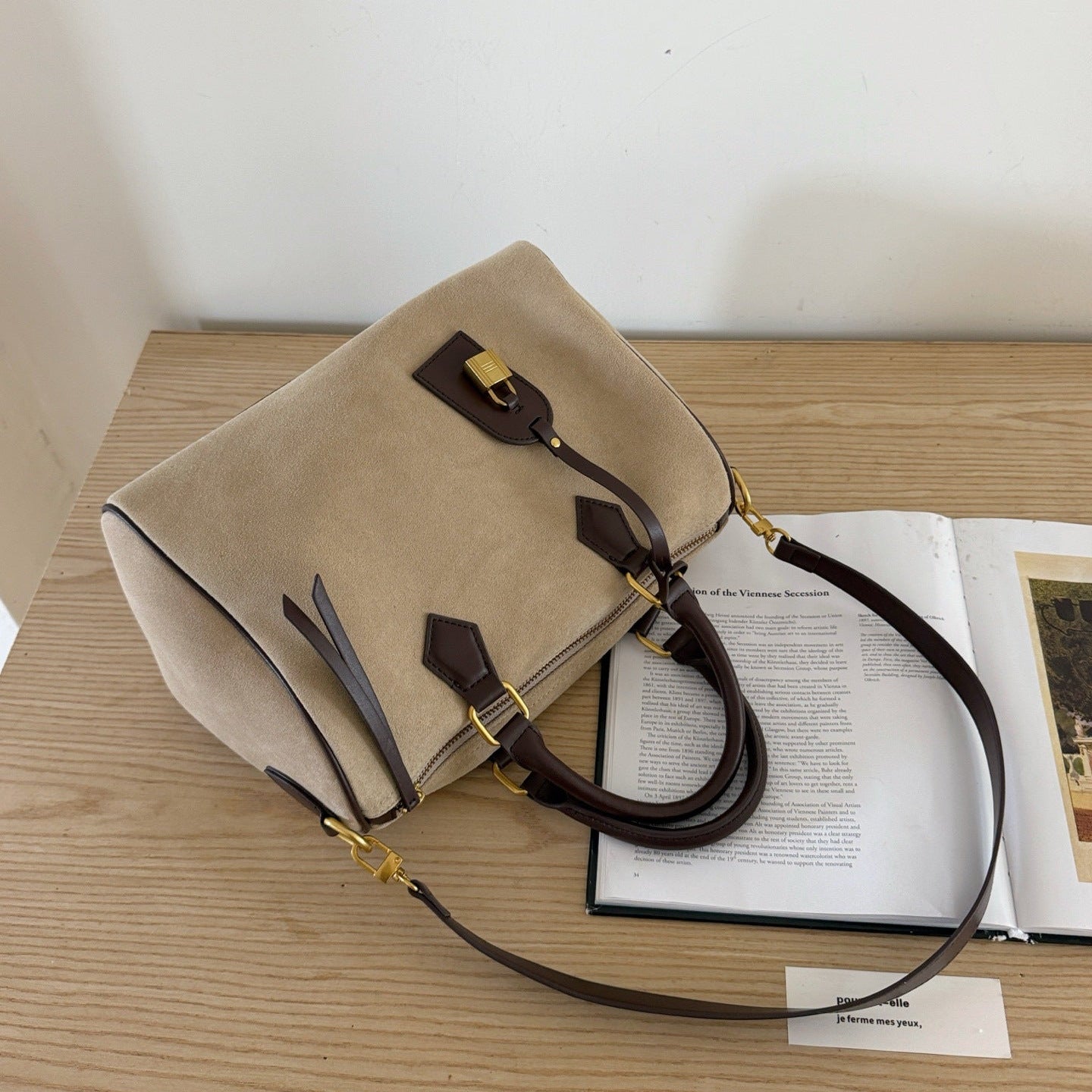 Handcrafted Suede Leather Boston Bag for Women | Padlock Charm Shoulder& Crossbody Bag | Handcrafted Matte Cowhide Top Handle Purse