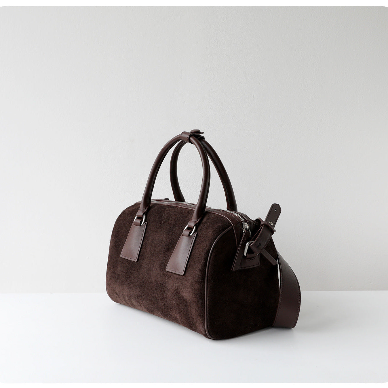 Vintage Suede Boston Bag for Women | Maillard-Tone Pillow Handbag with Detachable Strap | Niche Handcrafted Commuter Crossbody Bag