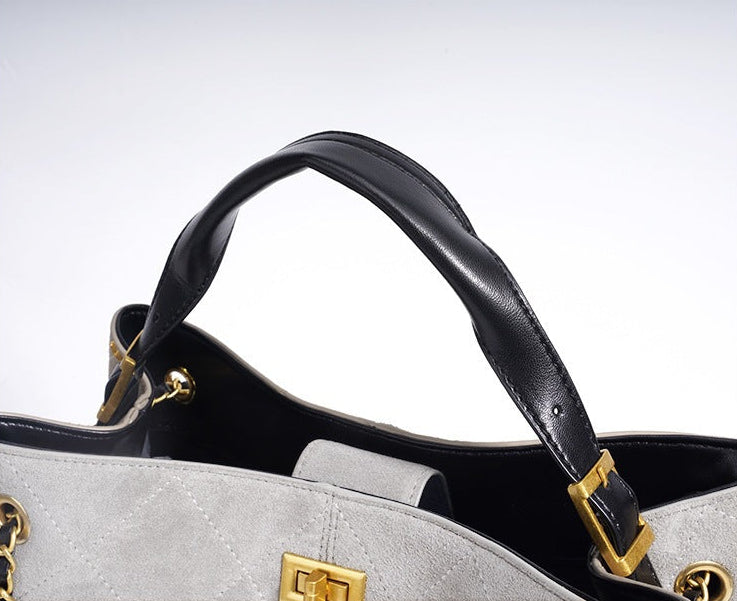 Quilted Lambskin and Suede Leather Chain Tote Bag | Women's Vintage Two-Tone Shoulder & Crossbody Bag