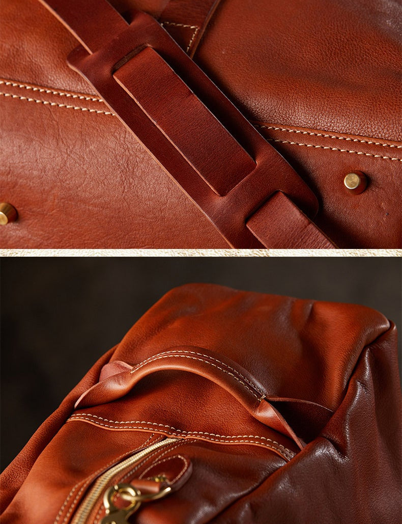 Vegetable Tanned Italian Full Grain Leather Travel Bag | Handcrafted Vintage Minimalist Business Duffel & Shoulder Bag