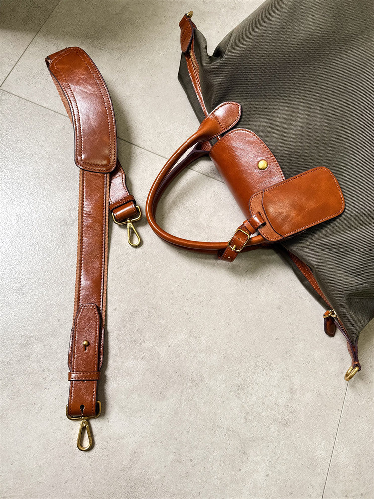 Handmade recycled nylon cowhide tote bag – large size commuter laptop bag women