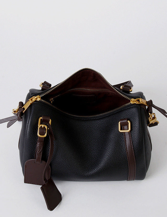 Full Grain Leather Pillow Boston Bag – Pebbled Cowhide & Suede Shoulder Bag | Gold Hardware, Top Handle & Crossbody Strap