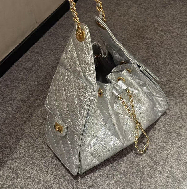 Quilted Diamond Leather Drawstring Hobo Bag – Gold Chain Strap | Lambskin & Cowhide Shoulder Bag for Women