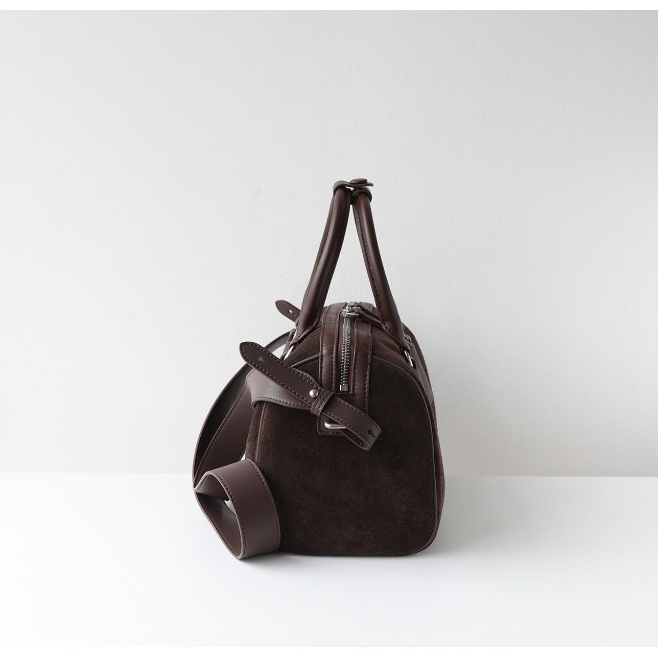 Vintage Suede Boston Bag for Women | Maillard-Tone Pillow Handbag with Detachable Strap | Niche Handcrafted Commuter Crossbody Bag