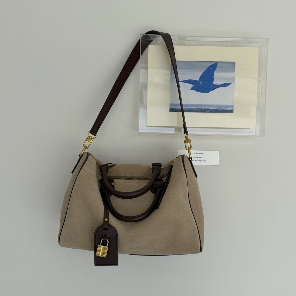 Handcrafted Suede Leather Boston Bag for Women | Padlock Charm Shoulder& Crossbody Bag | Handcrafted Matte Cowhide Top Handle Purse