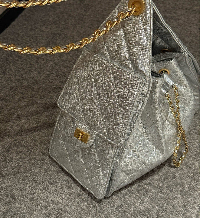 Quilted Diamond Leather Drawstring Hobo Bag – Gold Chain Strap | Lambskin & Cowhide Shoulder Bag for Women