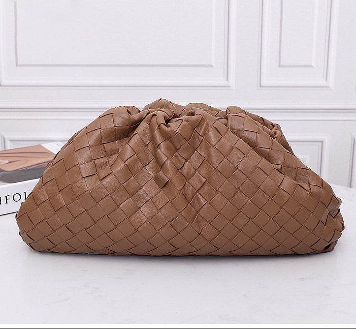 Small Handcrafted Lambskin Leather Weave Cloud Pouch With Pleated Design, Woven Crossbody Clutch Evening Bag