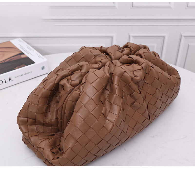Small Handcrafted Lambskin Leather Weave Cloud Pouch With Pleated Design, Woven Crossbody Clutch Evening Bag