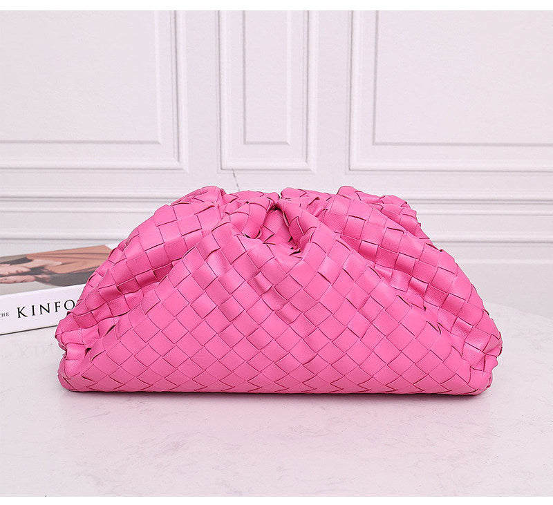 Small Handcrafted Lambskin Leather Weave Cloud Pouch With Pleated Design, Woven Crossbody Clutch Evening Bag