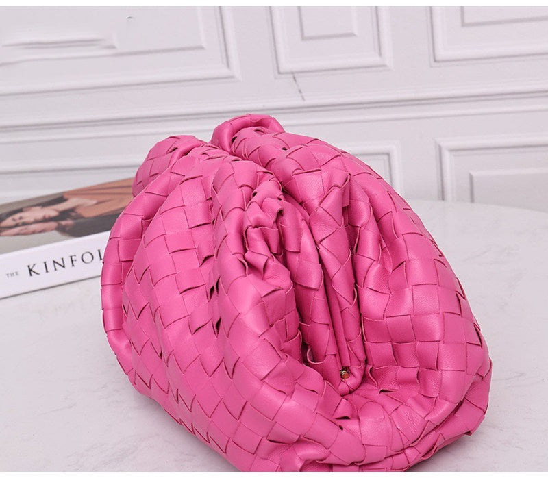 Small Handcrafted Lambskin Leather Weave Cloud Pouch With Pleated Design, Woven Crossbody Clutch Evening Bag