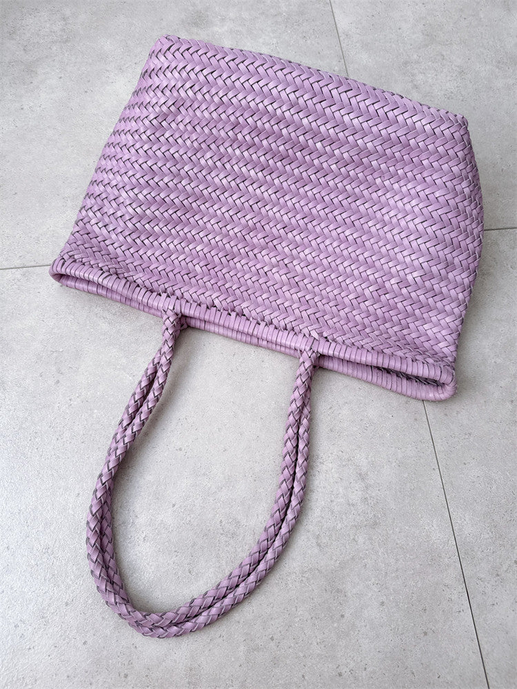 Handwoven Basket Tote Bag | Vegetable-Tanned Italian Cowhide Hand-Carry Bag | Minimalist Summer Commuter Style
