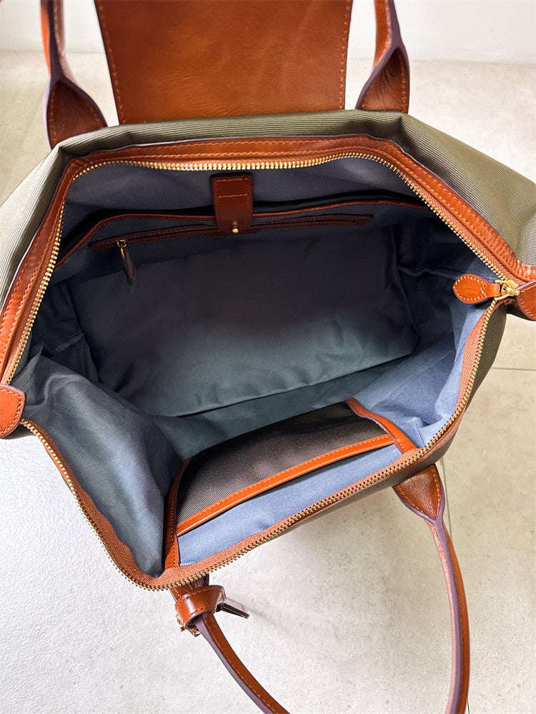 Recycled nylon tote bag size comparison small and large – handmade cowhide laptop commuter bag