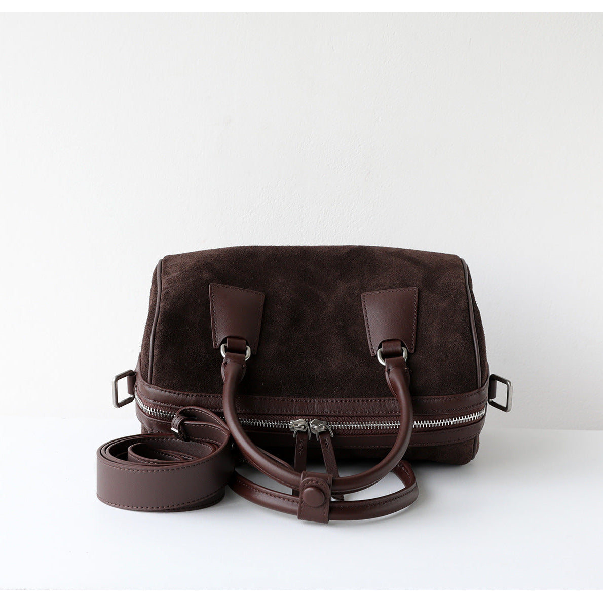 Vintage Suede Boston Bag for Women | Maillard-Tone Pillow Handbag with Detachable Strap | Niche Handcrafted Commuter Crossbody Bag