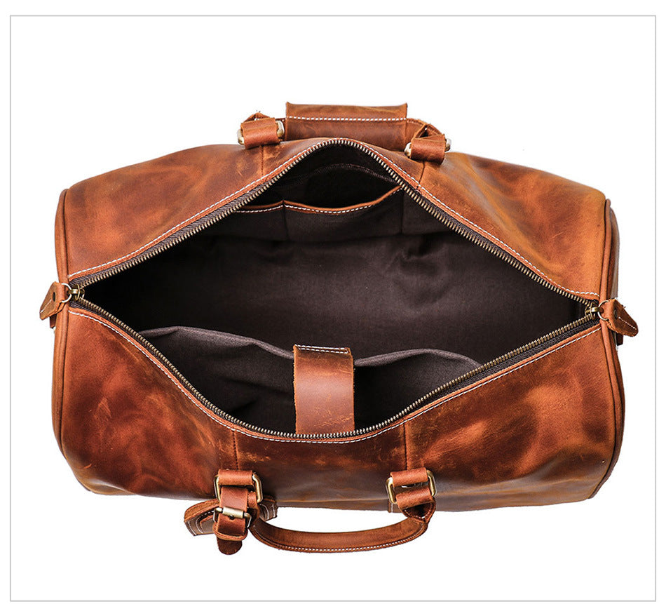 Handmade Full Grain Leather Duffle Bag – Vegetable-Tanned Cowhide Holdall | Brass Hardware, YKK Zippers & Padded Shoulder Strap