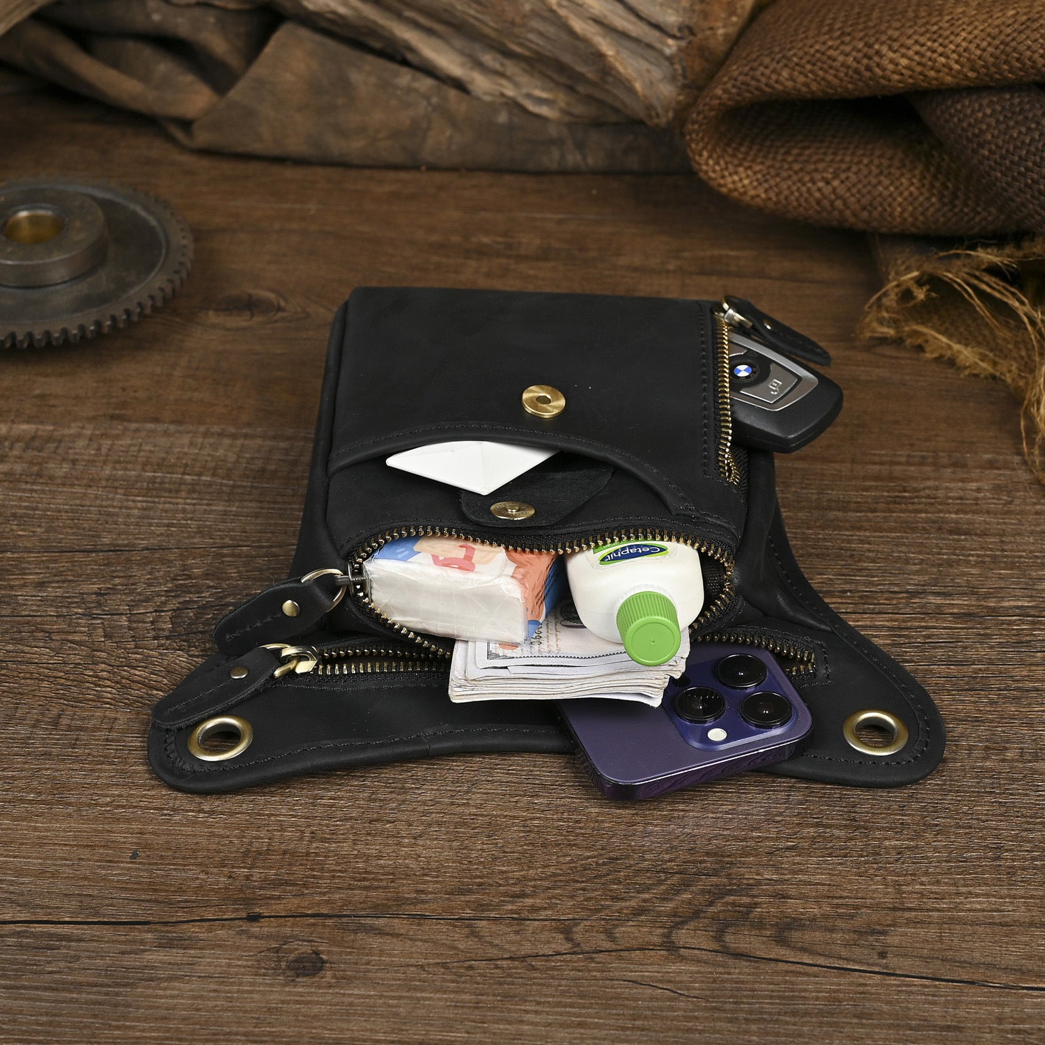 Full Grain Leather Sling Bag, Leather Motorcycle Hip Pouch, Male Knight Bull Head Bag and Sling Bags, Crazy Horse Leather Everyday Carry Pouch for Men