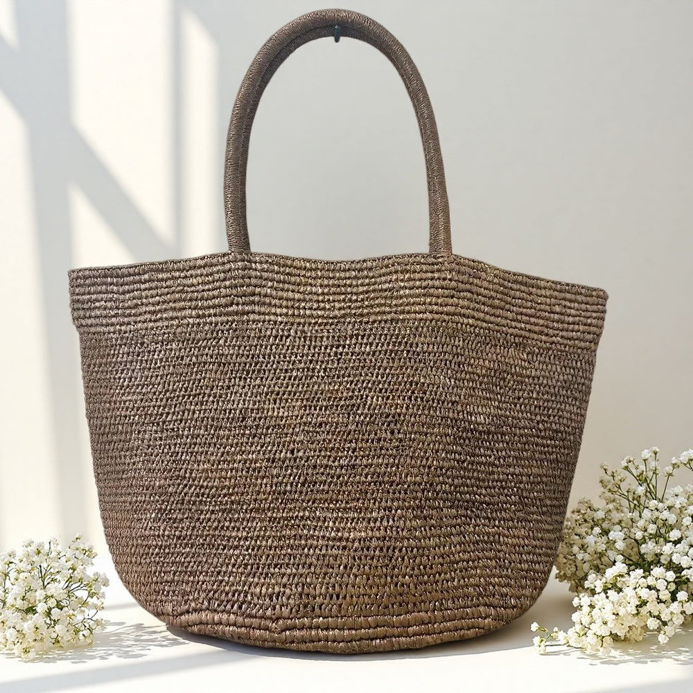 Handwoven raffia beach tote in chestnut brown – large natural straw summer tote women