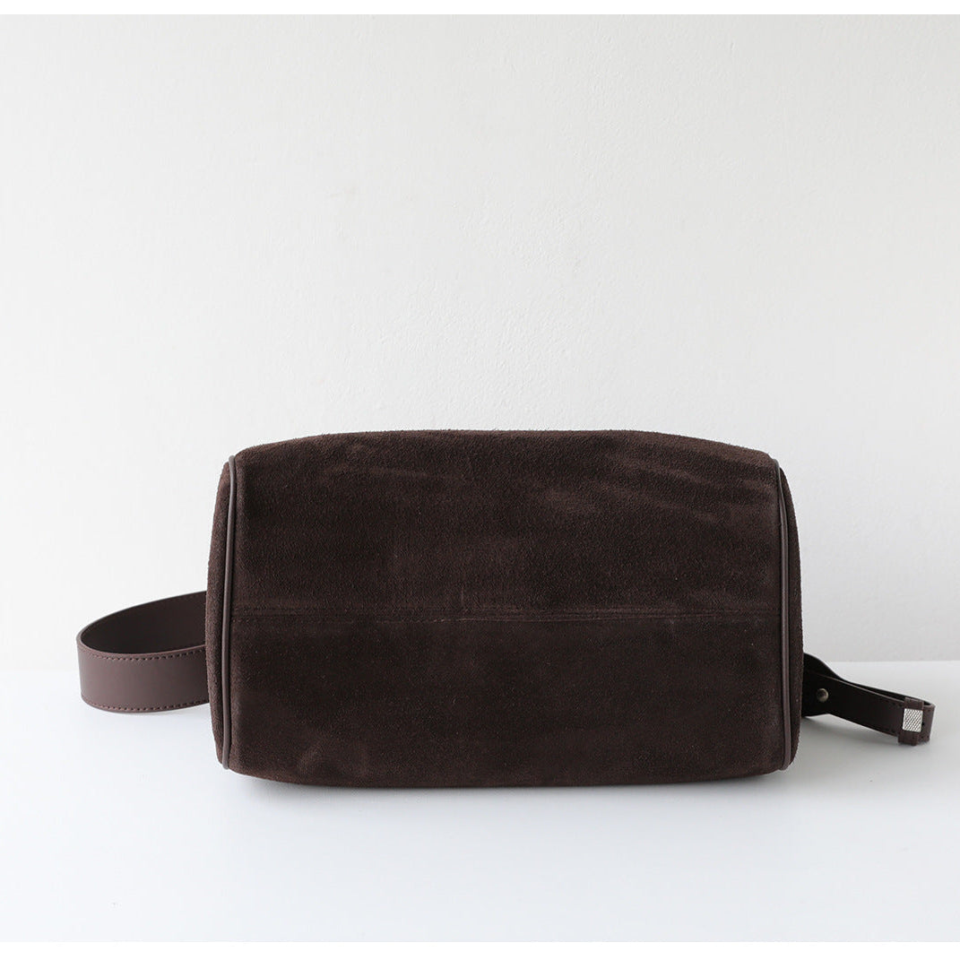 Vintage Suede Boston Bag for Women | Maillard-Tone Pillow Handbag with Detachable Strap | Niche Handcrafted Commuter Crossbody Bag