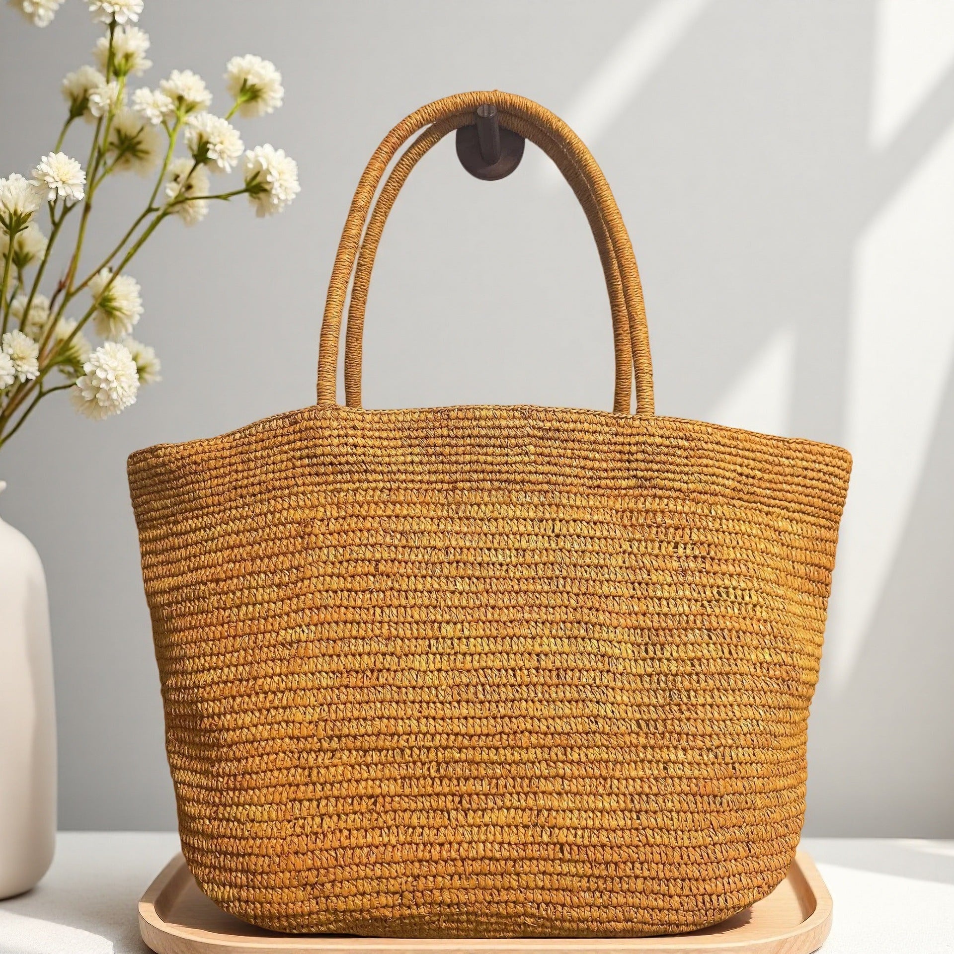 Handwoven Raffia Straw Tote Bag | Women's Large Vacation Beach Bag with Scarf