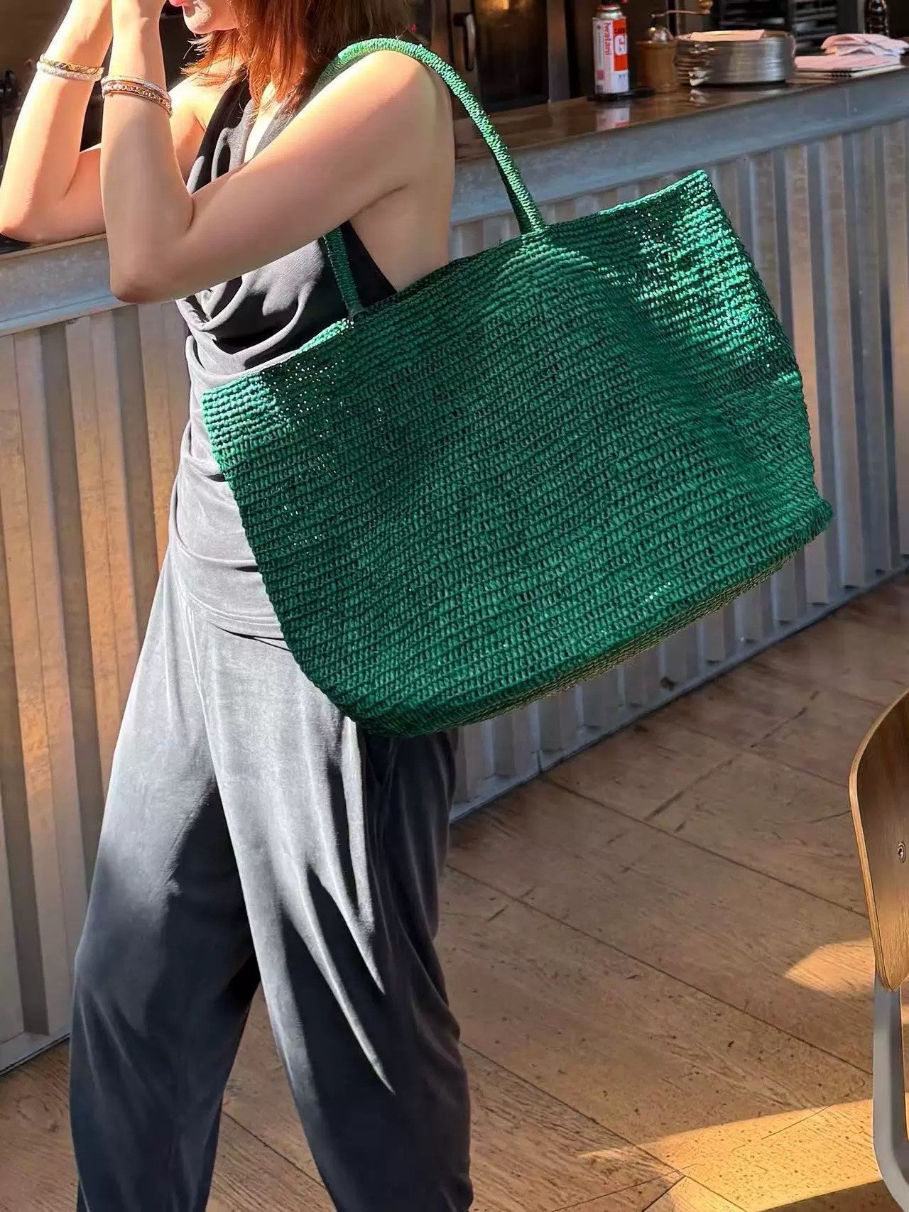 Natural handwoven raffia straw tote and scarf styling – resort beach bag with 70x70cm scarf