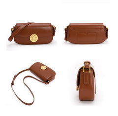 Luxury Leather Crossbody Box Bag with Elegant Circular Emblem, Fashion Leather Shoulder Bag