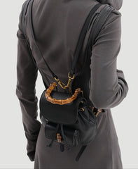 Handmade Cowhide Leather Mini Bamboo Convertible Backpack | Leather Drawstring Shoulder & Handbag for Women