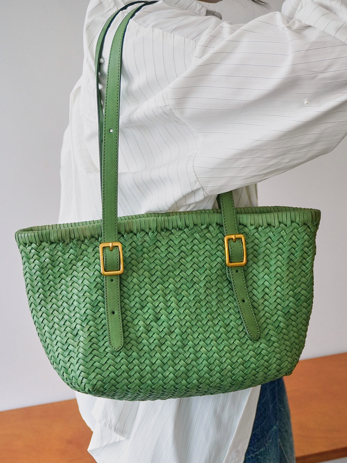 Handwoven Cowhide Leather Basket Tote Bag | Women's Shoulder Hobo Bag
