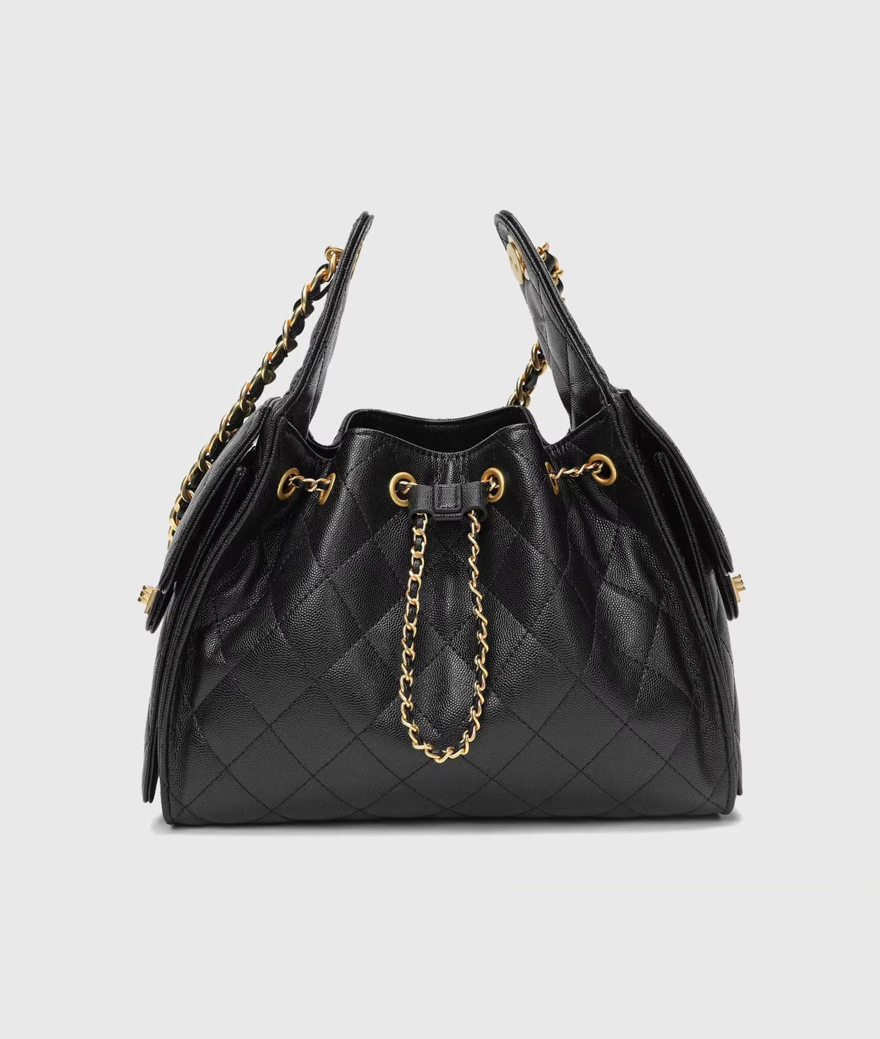 Quilted Diamond Leather Drawstring Hobo Bag – Gold Chain Strap | Lambskin & Cowhide Shoulder Bag for Women