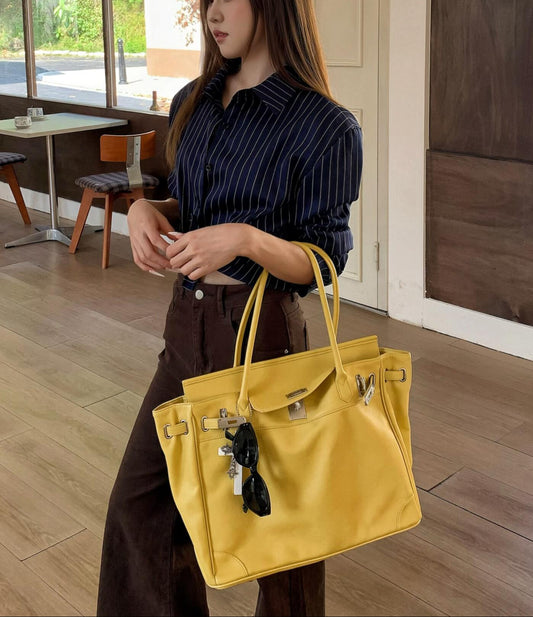 Handcrafted Water-Dyed Cowhide Leather Structured Tote Bag | Women's Vintage Old-Money Style Large Shoulder Bag