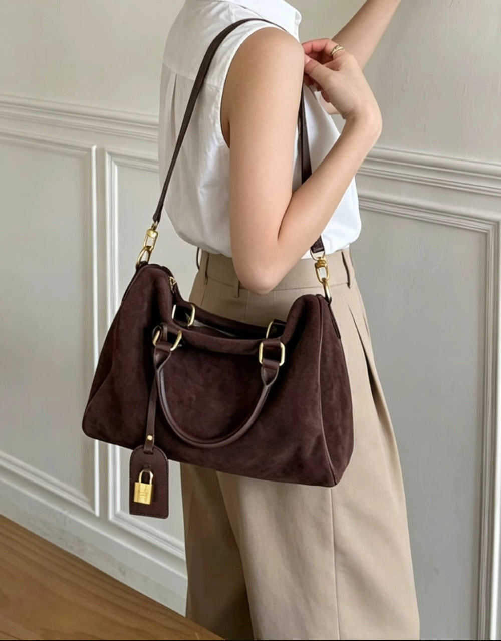 Handcrafted Suede Leather Boston Bag for Women | Padlock Charm Shoulder& Crossbody Bag | Handcrafted Matte Cowhide Top Handle Purse