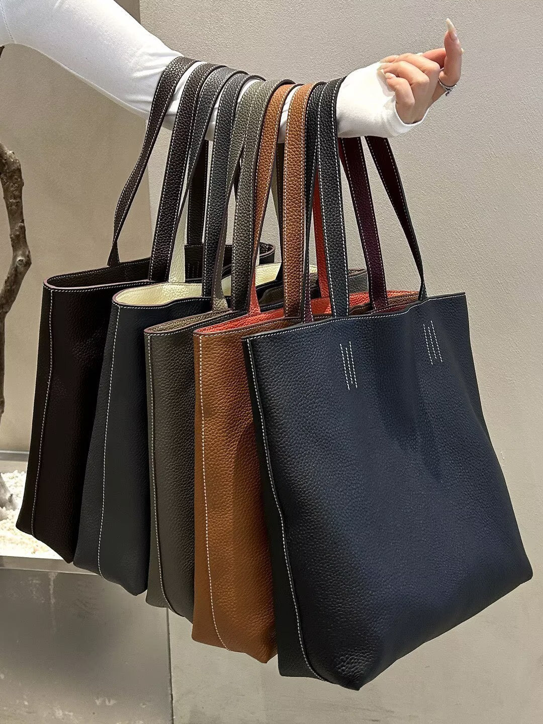 Reversible Full Grain Togo Leather Tote Bag | Two-Tone Everyday Carry Bag