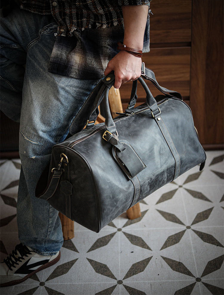 Men’s Full Grain Leather Travel Duffel, Large Crazy Horse Leather Carry-On Bag for Business, Leather Weekender, Camping & Short Trips