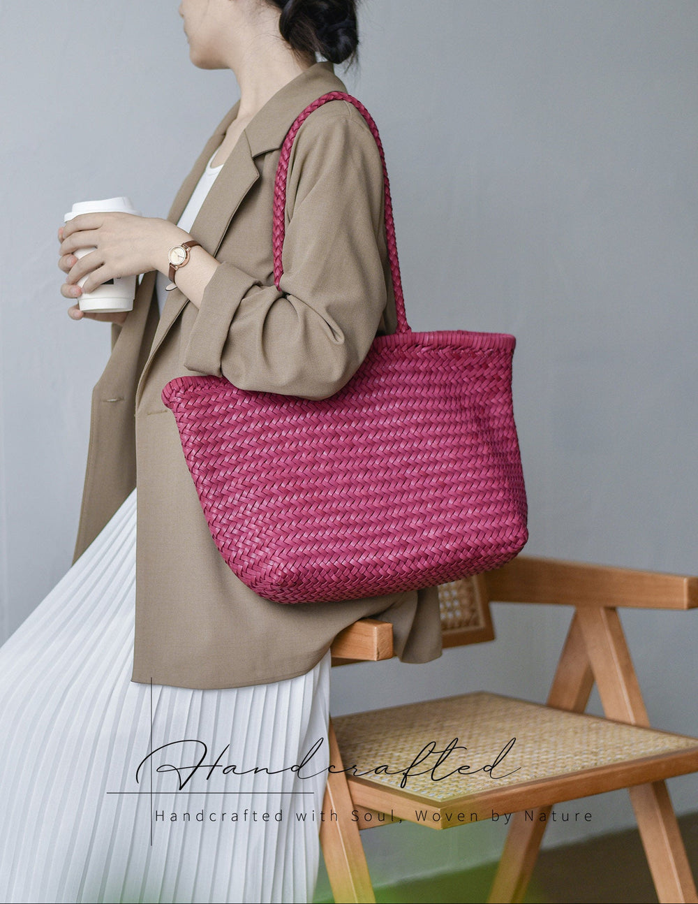 Handwoven Basket Tote Bag | Vegetable-Tanned Italian Cowhide Hand-Carry Bag | Minimalist Summer Commuter Style