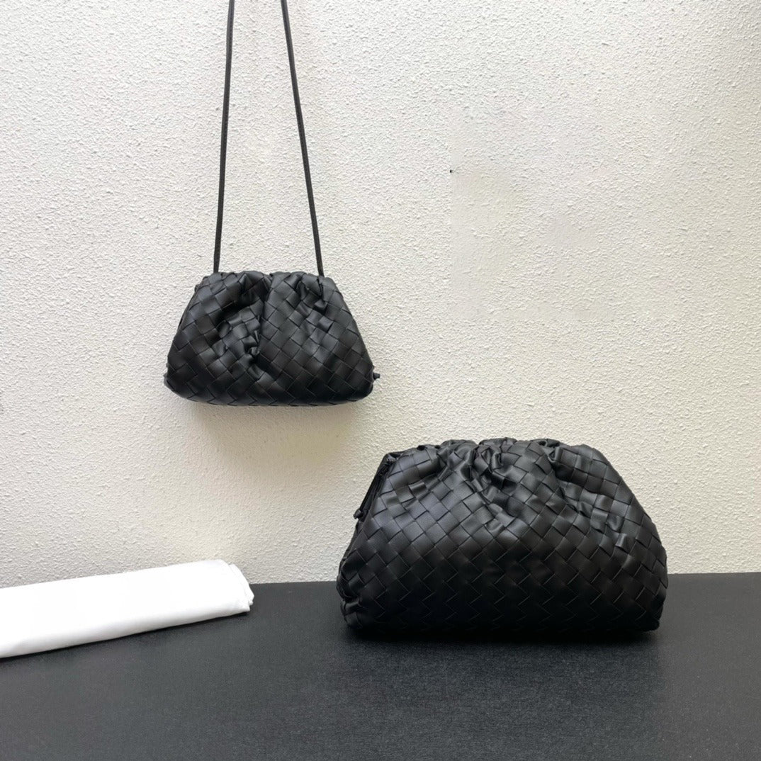 Small Handcrafted Lambskin Leather Weave Cloud Pouch With Pleated Design, Woven Crossbody Clutch Evening Bag