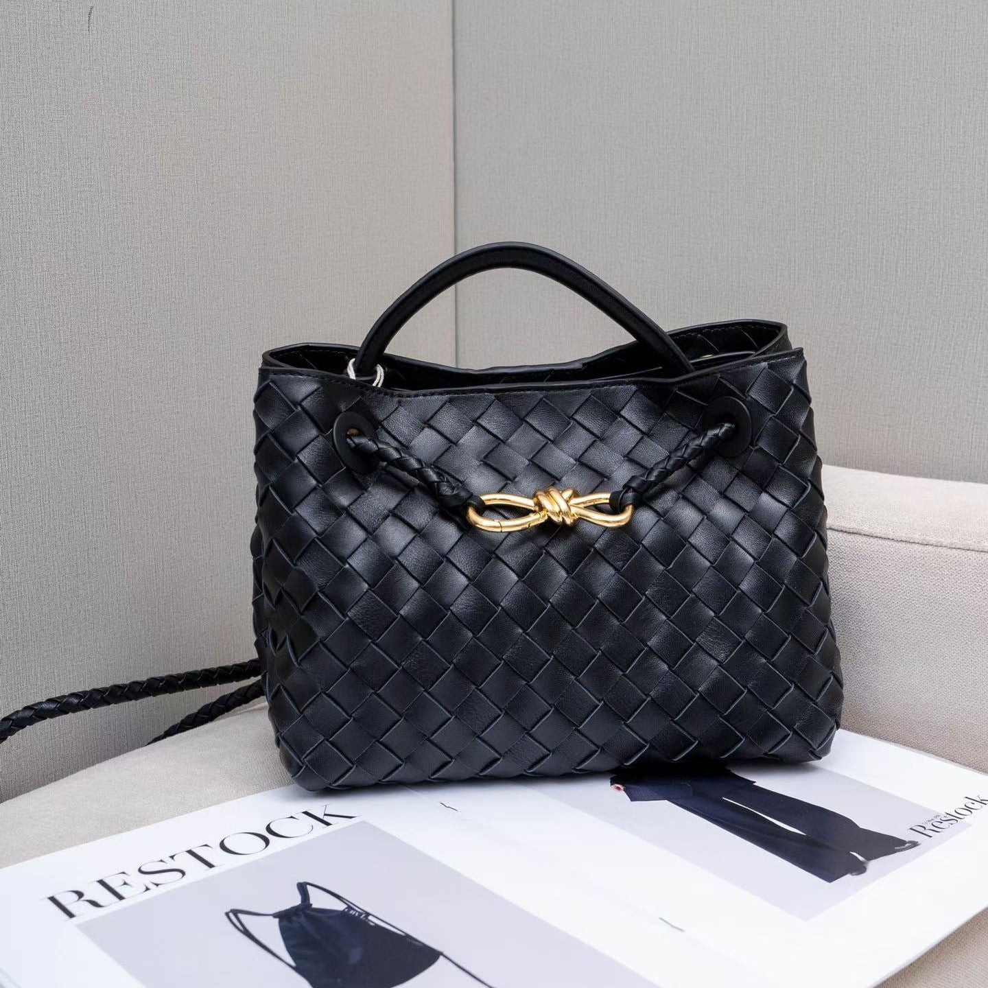 Small Lambskin Leather Knotted Intrecciato Shoulder Bag | Woven Handbag With Metal Buckle, Daily Fashion Designer Bag, Woven Shoulder Purse