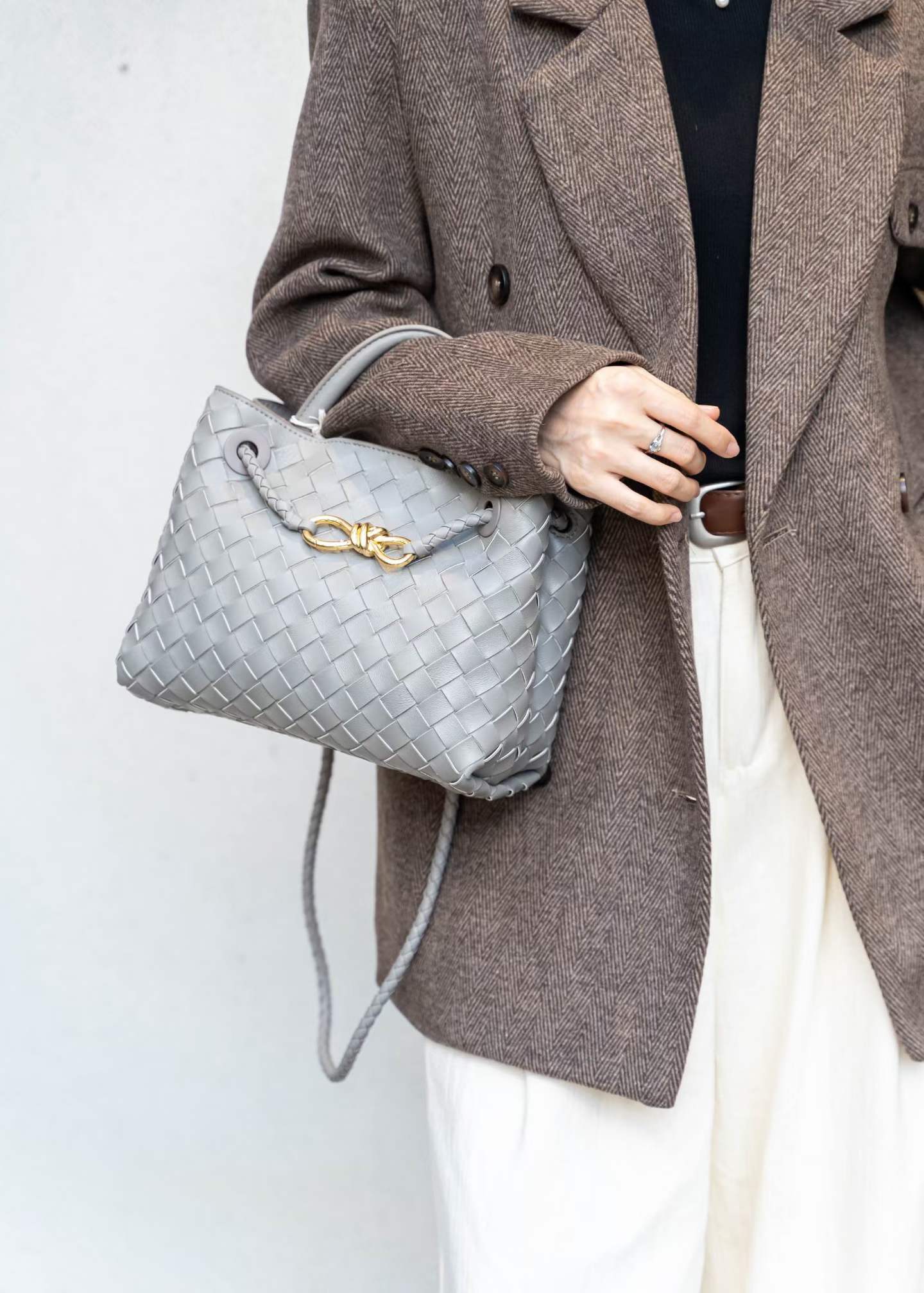 Small Lambskin Leather Knotted Intrecciato Shoulder Bag | Woven Handbag With Metal Buckle, Daily Fashion Designer Bag, Woven Shoulder Purse
