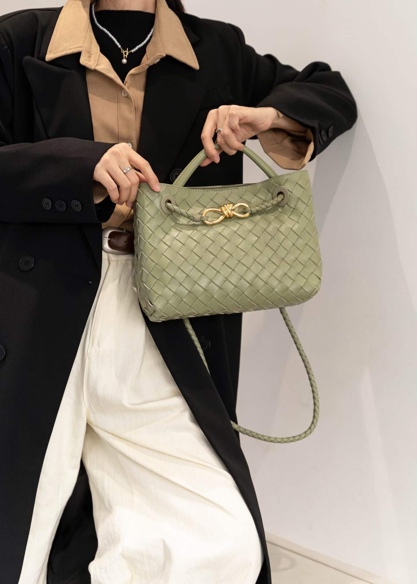 Small Lambskin Leather Knotted Intrecciato Shoulder Bag | Woven Handbag With Metal Buckle, Daily Fashion Designer Bag, Woven Shoulder Purse