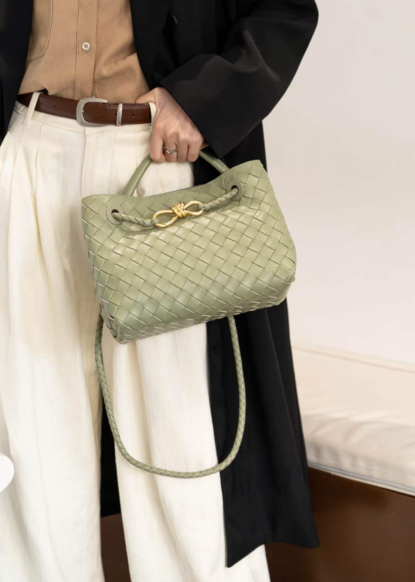 Small Lambskin Leather Knotted Intrecciato Shoulder Bag | Woven Handbag With Metal Buckle, Daily Fashion Designer Bag, Woven Shoulder Purse