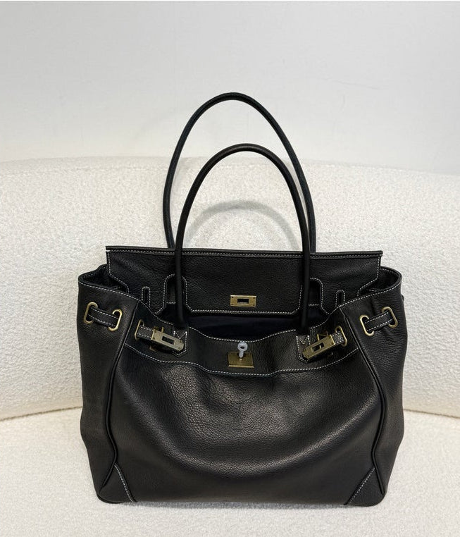 Handcrafted Water-Dyed Cowhide Leather Structured Tote Bag | Women's Vintage Old-Money Style Large Shoulder Bag