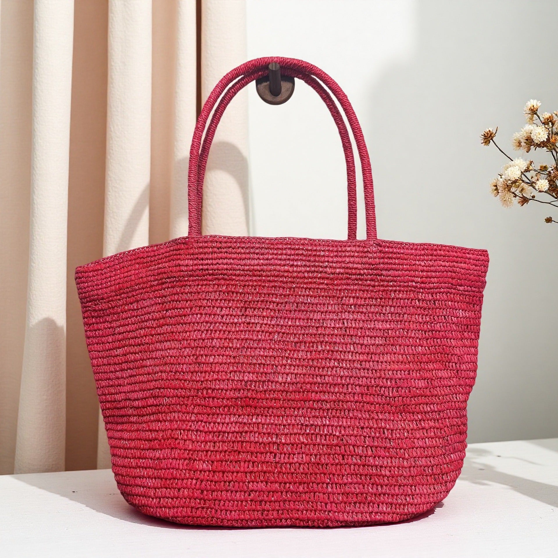Handwoven Raffia Straw Tote Bag | Women's Large Vacation Beach Bag with Scarf