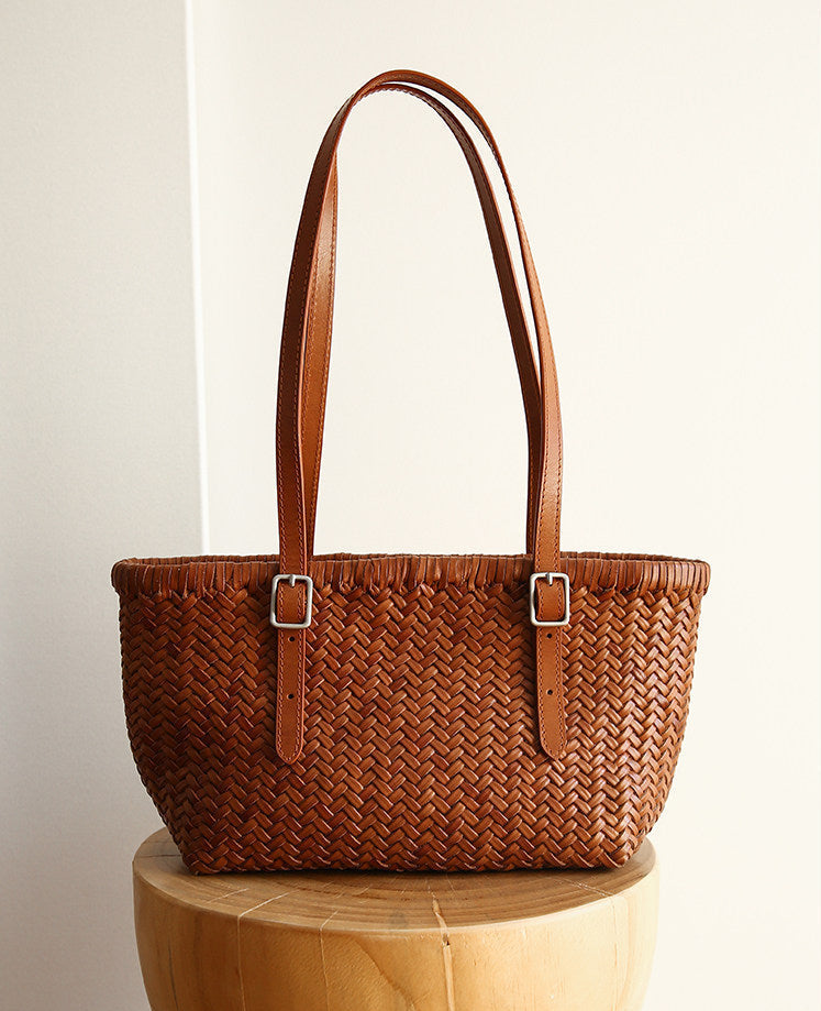 Handwoven Cowhide Leather Basket Tote Bag | Women's Shoulder Hobo Bag