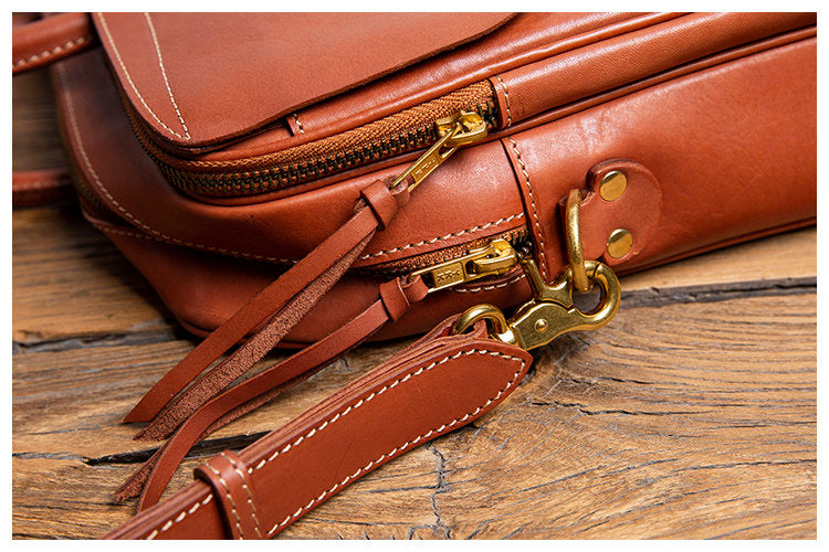 Men's Full Grain Leather Briefcase | Handmade Vintage Vegetable-Tanned Business Laptop Bag with trolley sleeve