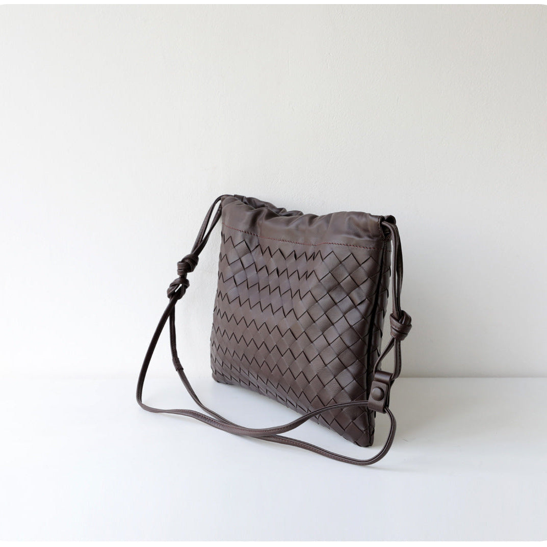 Luxurious Handwoven Lambskin Handbag Drawstring, Genuine Leather Shoulder Bucket Bag for Women