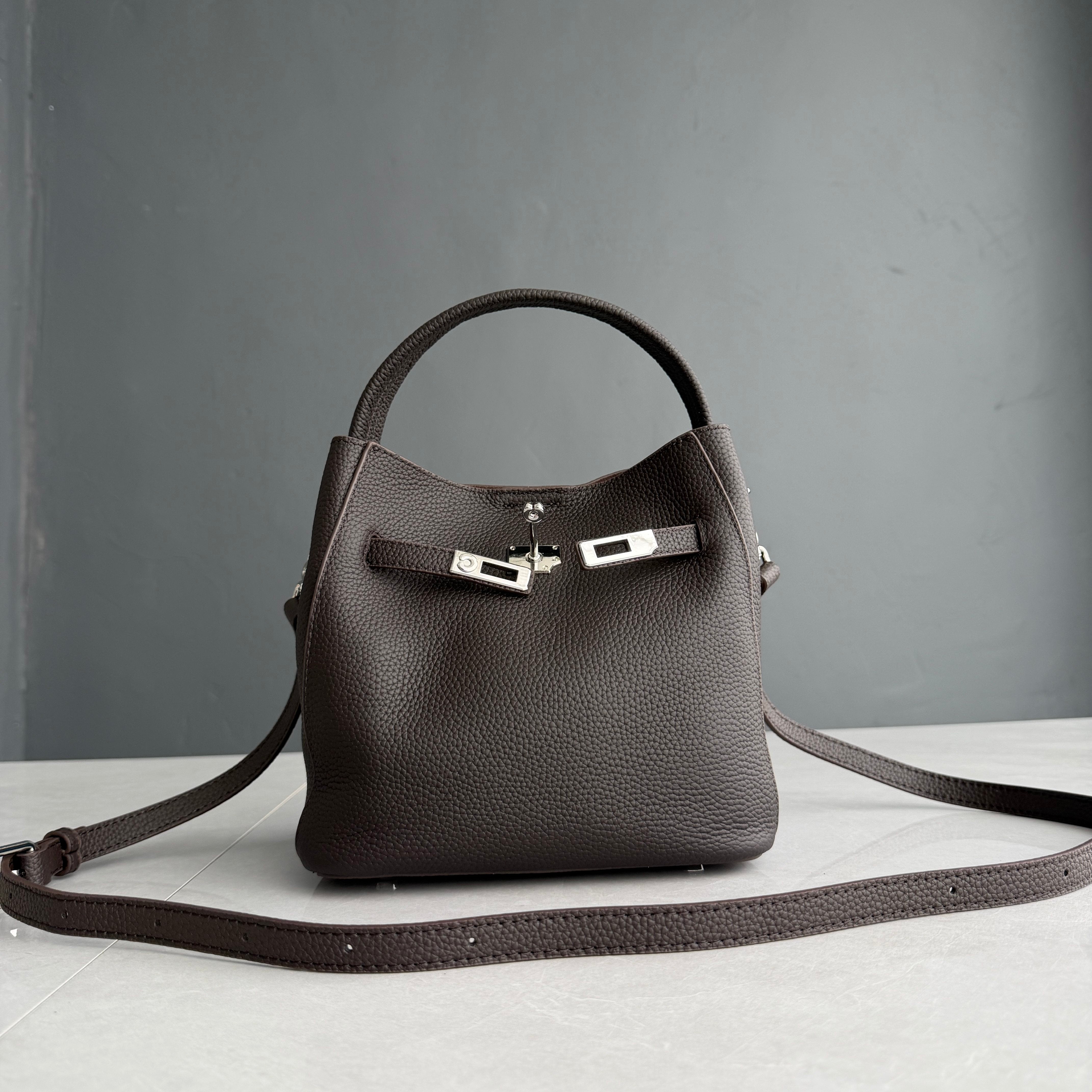 Luxury Pebbled Cowhide Leather Bucket Bag, Designer Crossbody with Twist Lock